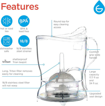 Infuseur à thé ABERDEEN Easy Pour, théière à distribution par le bas - Capacité de 17,7 fl. oz / 525 ml, transparent